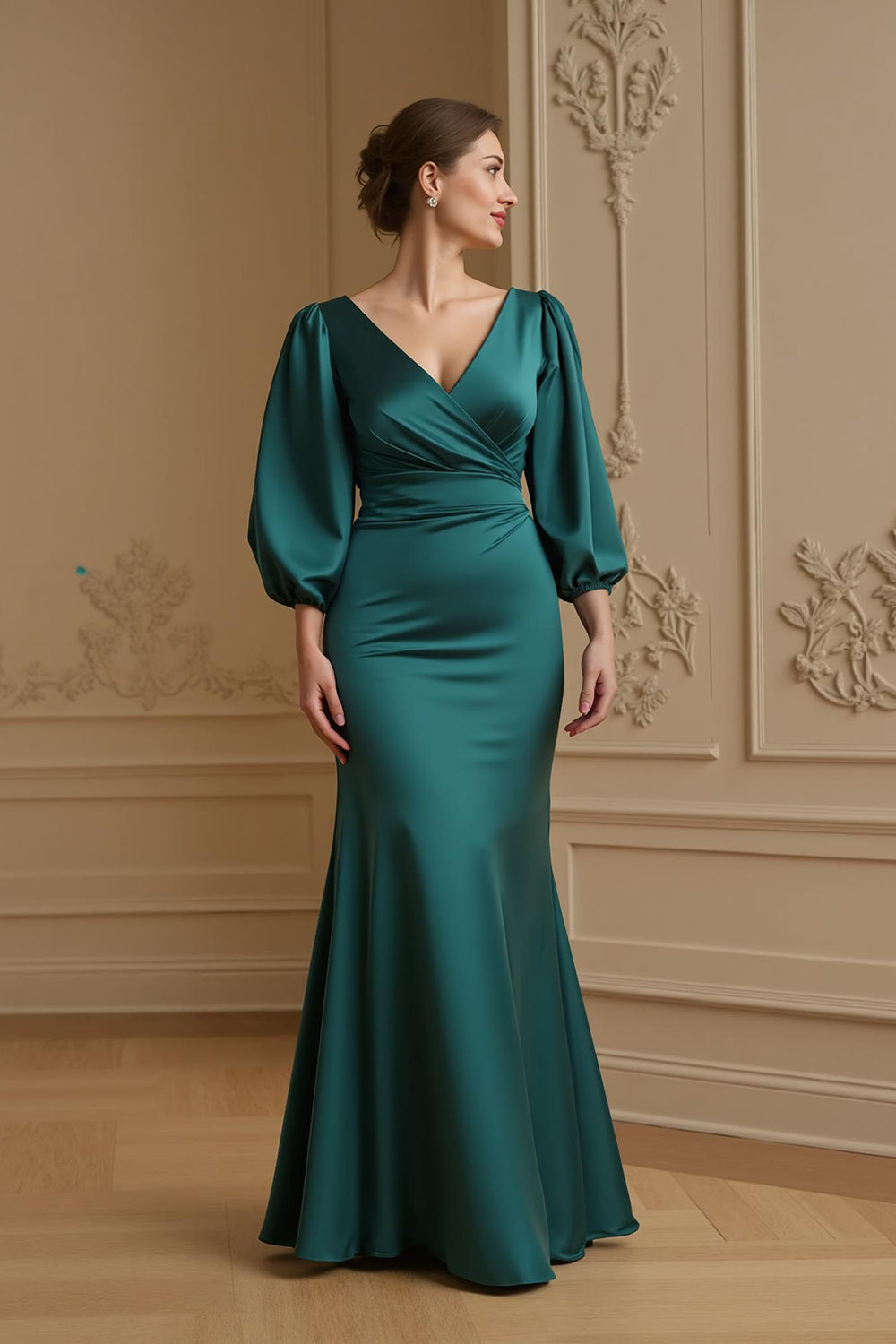 Mermaid Satin V Neck Navy Wedding Guest Dress with 3/4 Sleeves