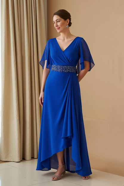 Chiffon Flutter Sleeve V Neck A Line Royal Blue Wedding Guest Dress with Beading