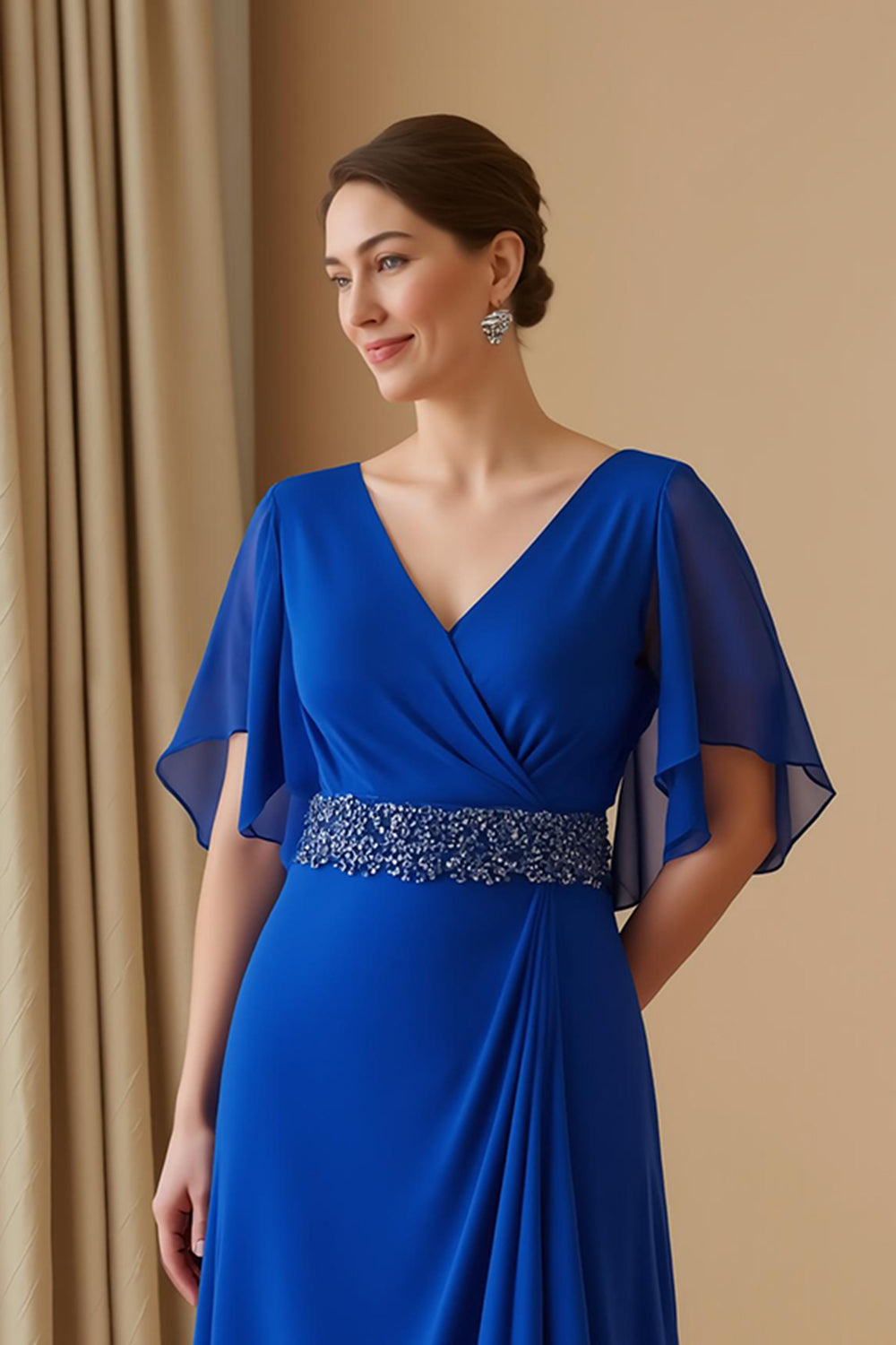 Chiffon Flutter Sleeve V Neck A Line Royal Blue Wedding Guest Dress with Beading