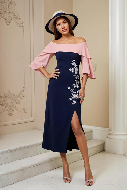 Navy Sheath Satin Off The Shoulder Midi Wedding Guest Dress with Slit