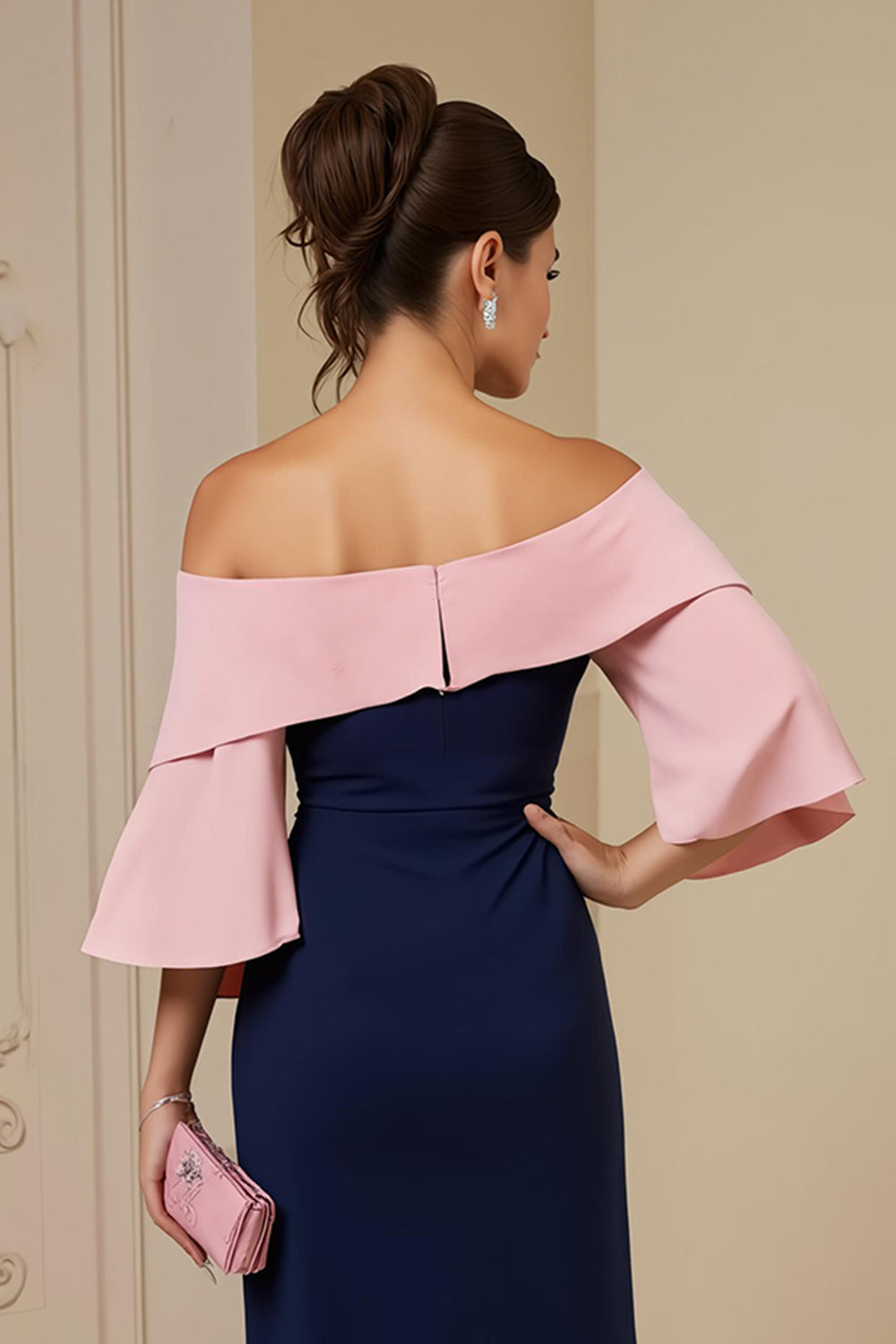 Navy Sheath Satin Off The Shoulder Midi Wedding Guest Dress with Slit