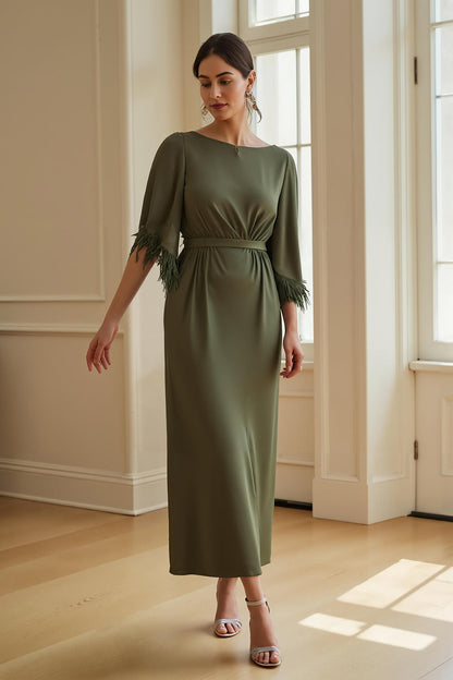 Olive Sheath Bateau Neck Tea Length Wedding Guest Dress with Feathers