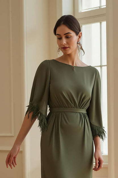 Olive Sheath Bateau Neck Tea Length Wedding Guest Dress with Feathers
