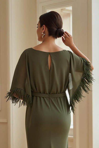 Olive Sheath Bateau Neck Tea Length Wedding Guest Dress with Feathers