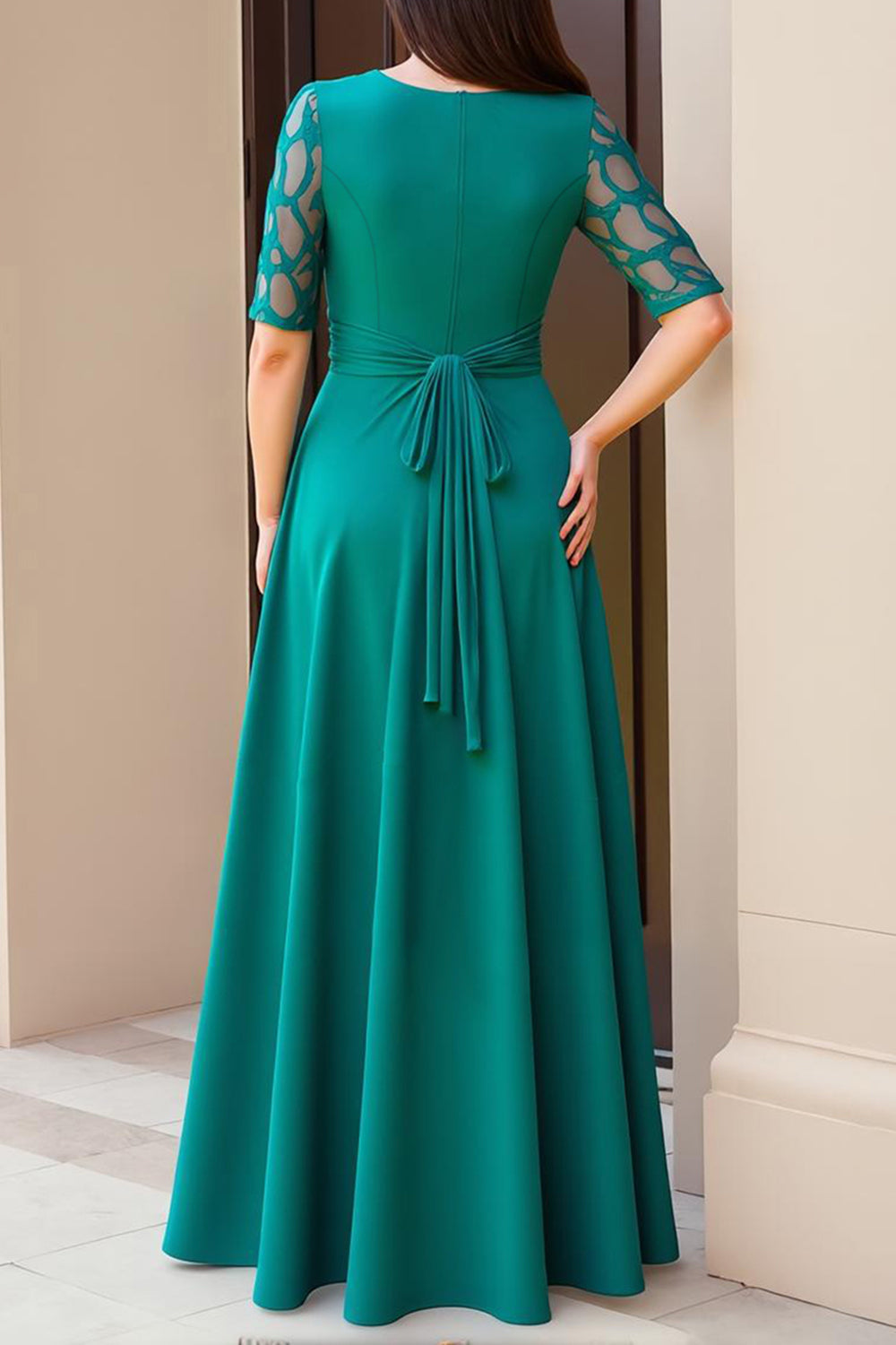 Pine A Line Chiffon Bateau Neck Half Sleeve Wedding Guest Dress