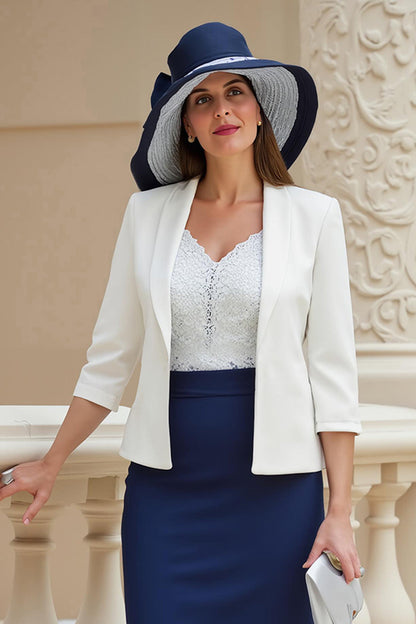 Navy 2 Piece Satin Sheath Midi Wedding Guest Dress with Lace