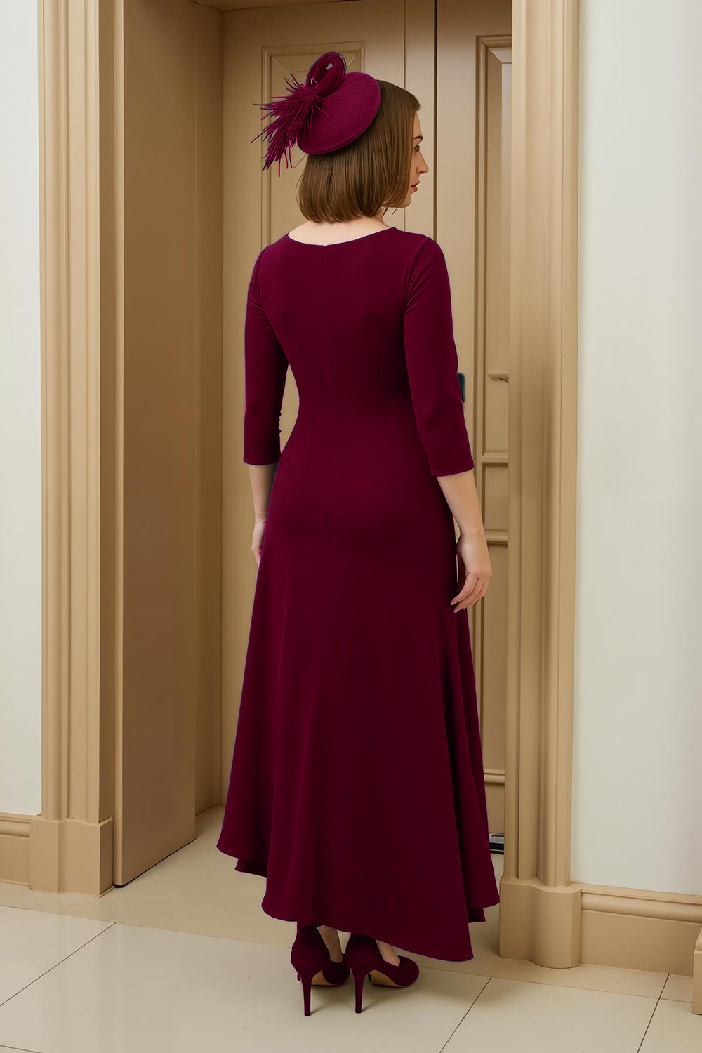 Burgundy A Line Bateau Neck High-Low Wedding Guest Dress