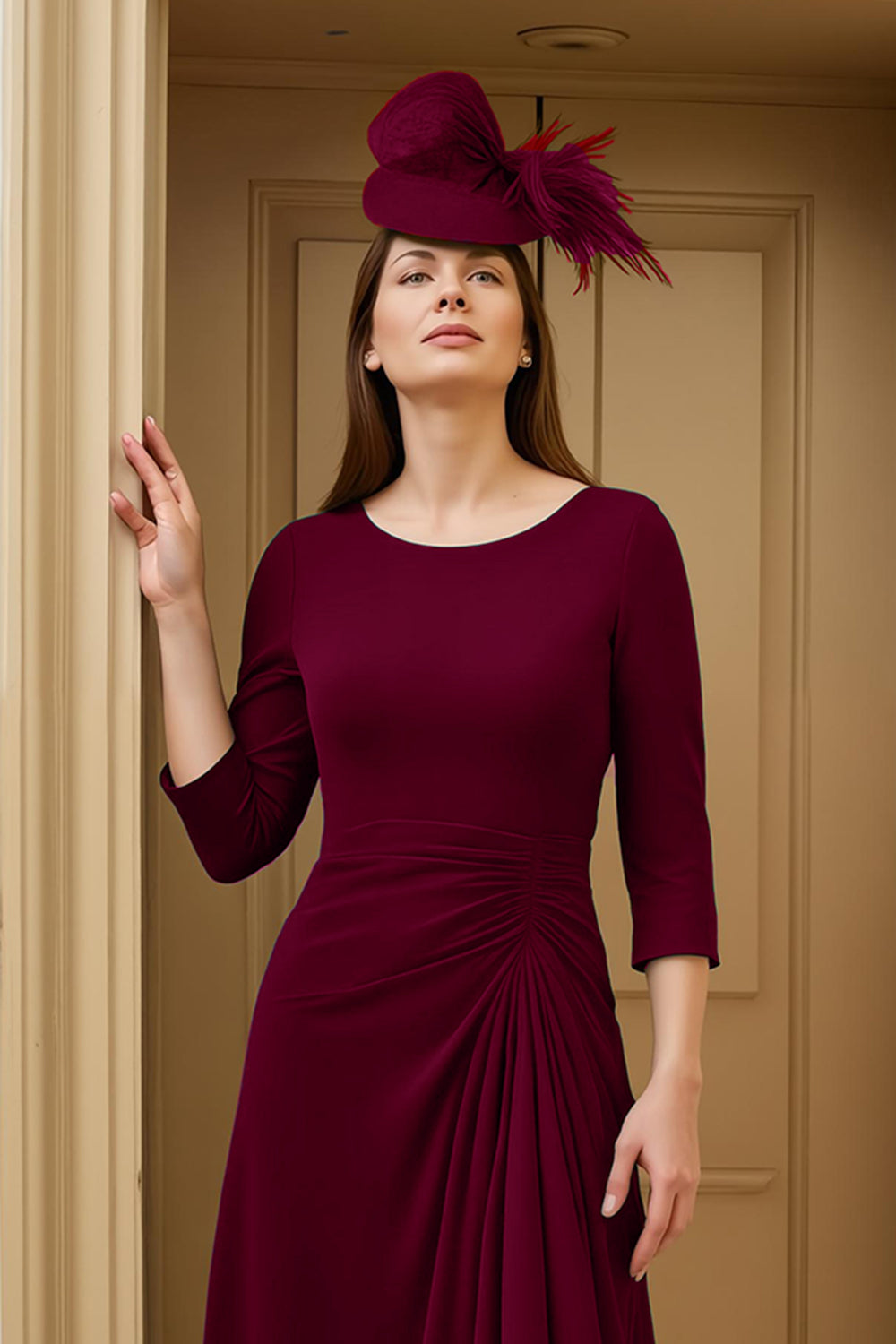 Burgundy A Line Bateau Neck High-Low Wedding Guest Dress