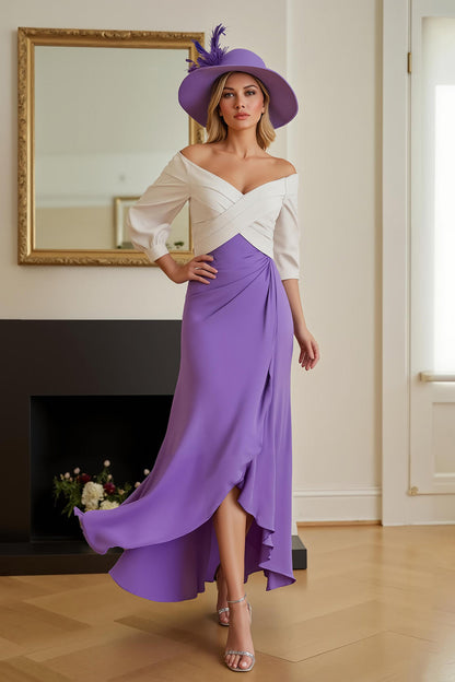 Purple Chiffon Sheath Off The Shoulder Long Wedding Guest Dress with Sleeves