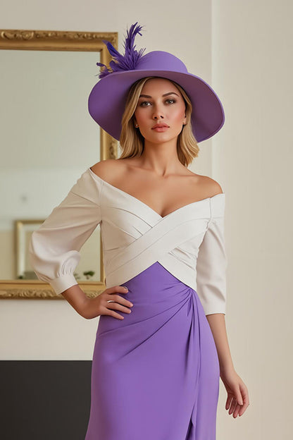 Purple Chiffon Sheath Off The Shoulder Long Wedding Guest Dress with Sleeves