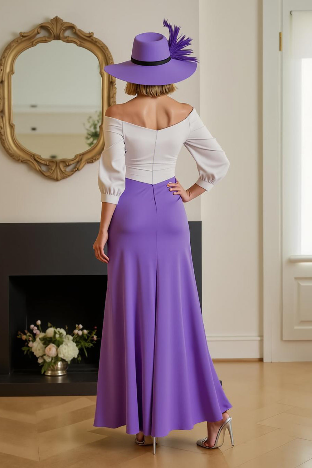Purple Chiffon Sheath Off The Shoulder Long Wedding Guest Dress with Sleeves