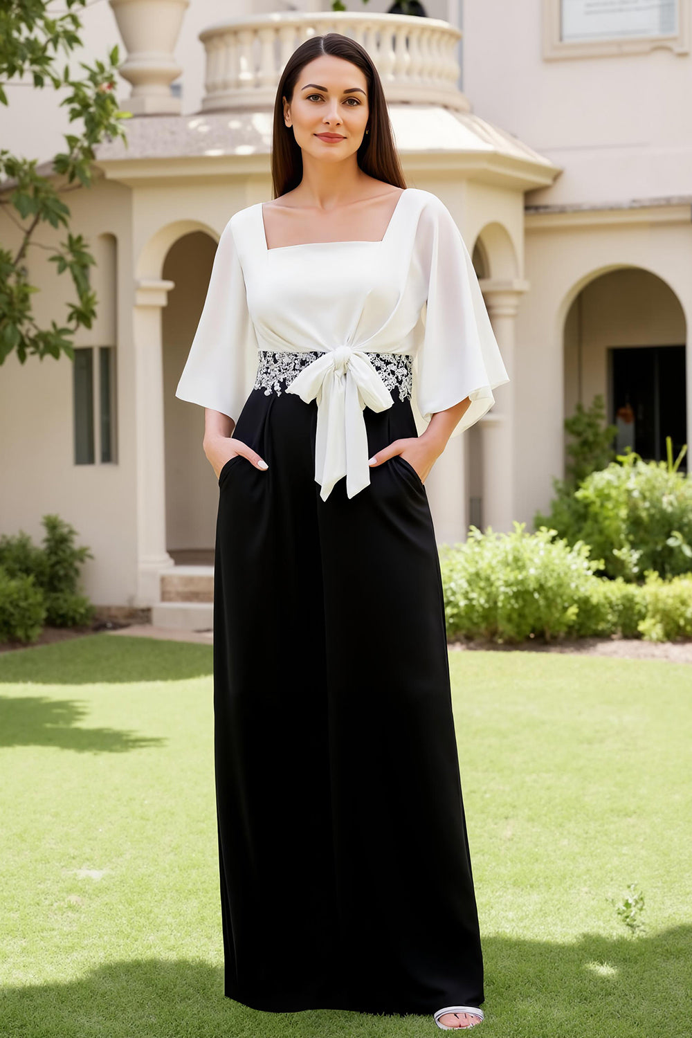Black and White Sheath Chiffon Long Wedding Guest Dress with Bow