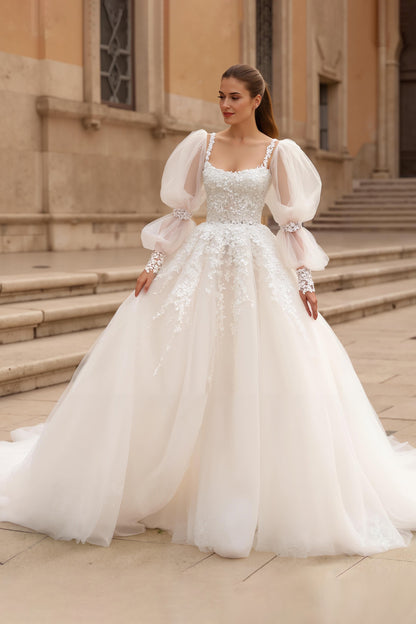 Ivory A Line Square Neck Puff Sleeves Chapel Train Wedding Dress With Lace Appliques