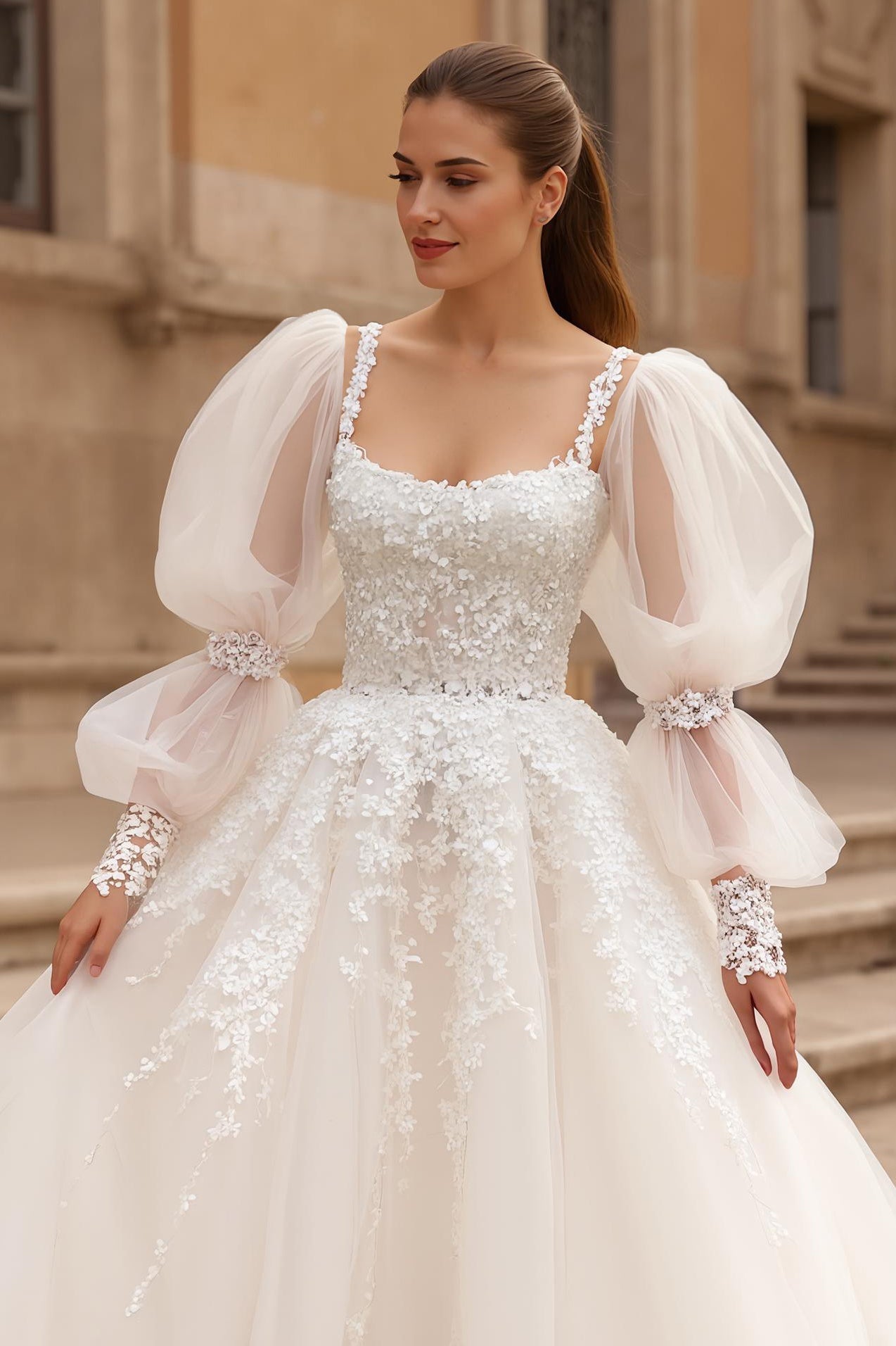 Ivory A Line Square Neck Puff Sleeves Chapel Train Wedding Dress With Lace Appliques
