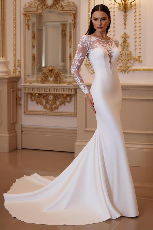 Mermaid White Illusion Neck Long Sleeves Court Train Wedding Dress With Lace