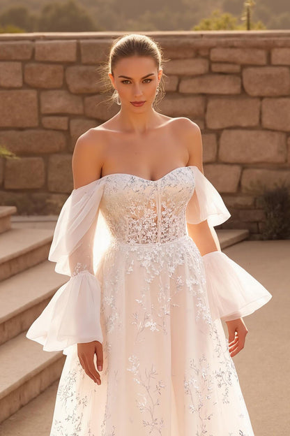 Ivory A Line Off The Shoulder Flare Sleeve Chapel Train Wedding Dress With Lace Appliques