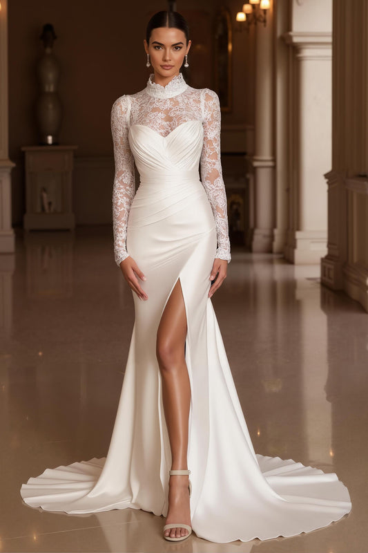 Ivory Mermaid High Neck Long Sleeve Court Train Wedding Dress With Lace
