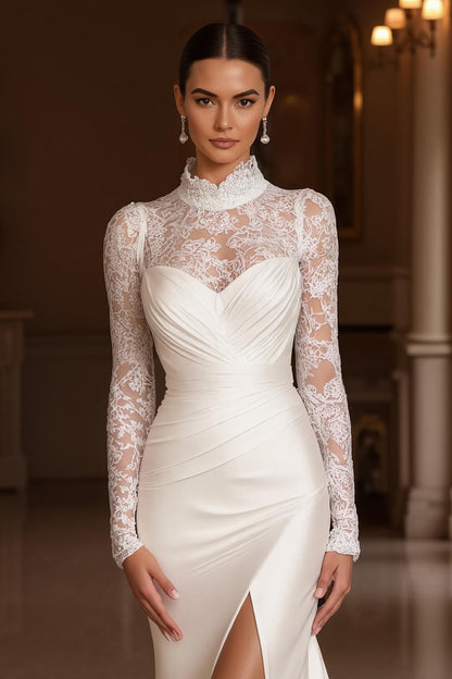 Ivory Mermaid High Neck Long Sleeve Court Train Wedding Dress With Lace