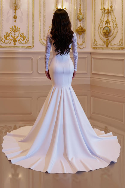 White Satin Mermaid High Neck Ruched Court Train Wedding Dress With Lace