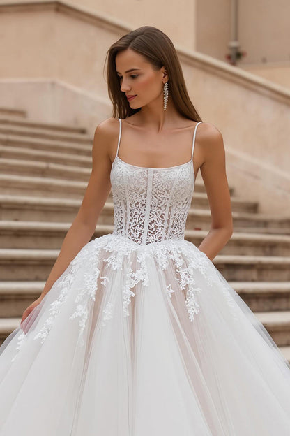 Ivory Tulle Corset A Line Appliqued Wedding Dress