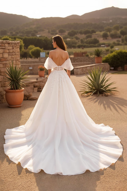 Flutter Sleeve Ivory Tulle Off The Shoulder Corset Long Wedding Dress
