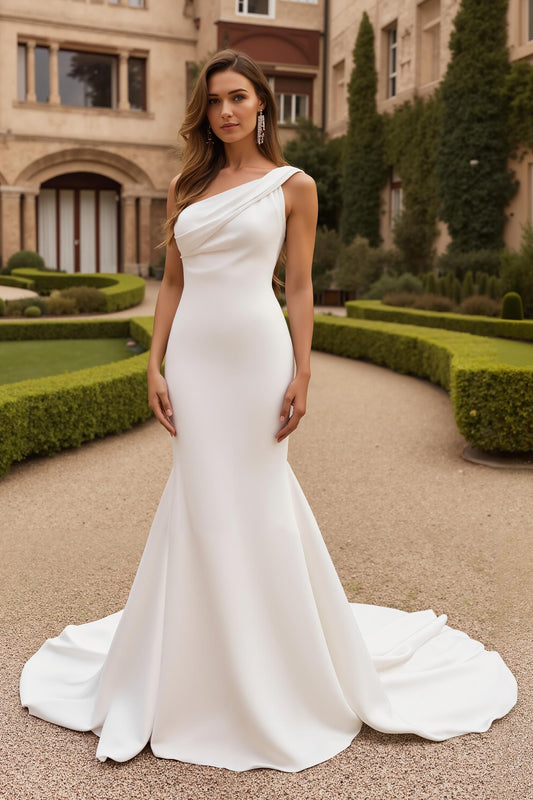 One Shoulder Mermaid Stretch Satin Long Ivory Wedding Dress