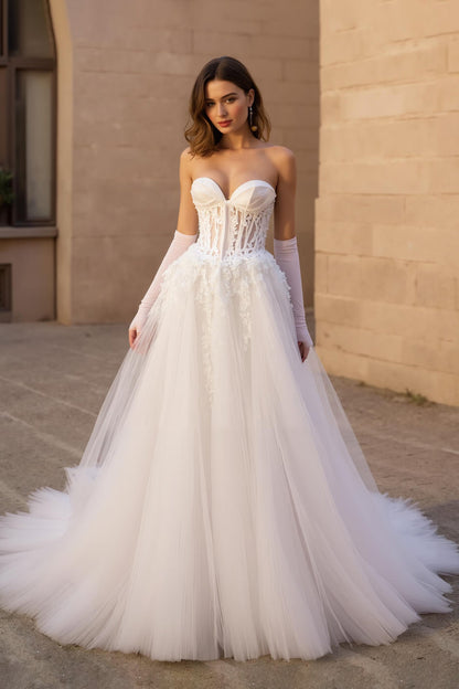 Strapless A Line Ivory Tulle Corset Long Wedding Dress