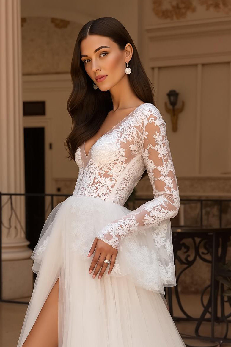 Ivory Tulle A Line V Neck Lace Wedding Dress With Flare Sleeves