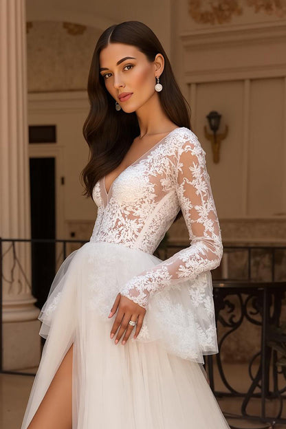 Ivory Tulle A Line V Neck Lace Wedding Dress With Flare Sleeves