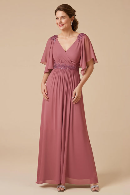 Desert Rose Chiffon A Line Appliqued Mother of the Bride Dress with Sleeves