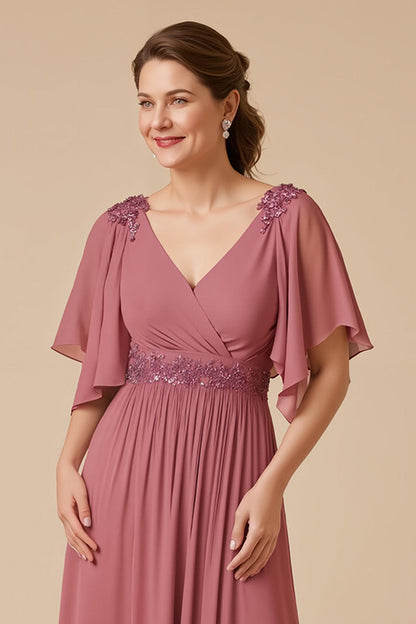 Desert Rose Chiffon A Line Appliqued Mother of the Bride Dress with Sleeves