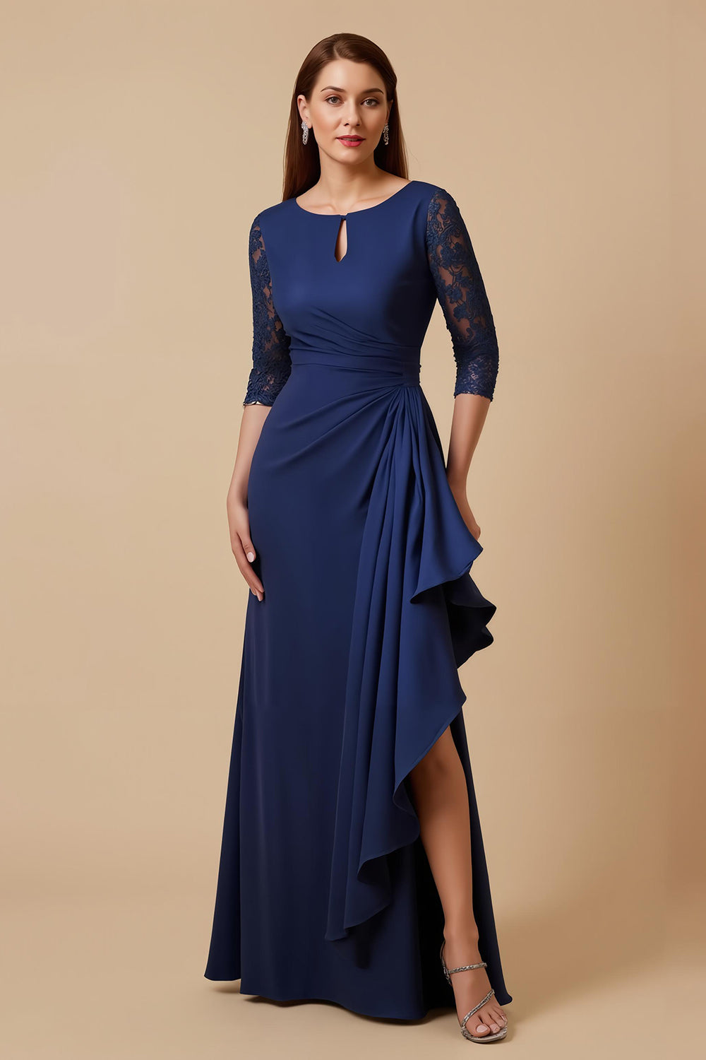 Navy Sheath Chiffon Ruffled Ruched Long Mother of the Bride Dress with Sleeves