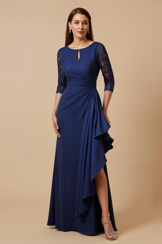 Navy Sheath Chiffon Ruffled Ruched Long Mother of the Bride Dress with Sleeves