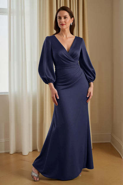 Pine Satin Mermaid V-Neck Long Mother of the Bride Dress with Sleeves