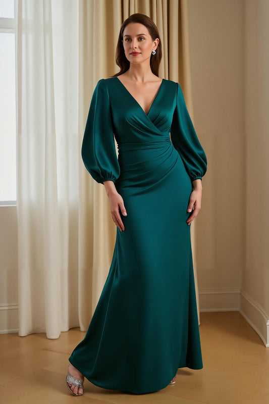 Pine Satin Mermaid V-Neck Long Mother of the Bride Dress with Sleeves