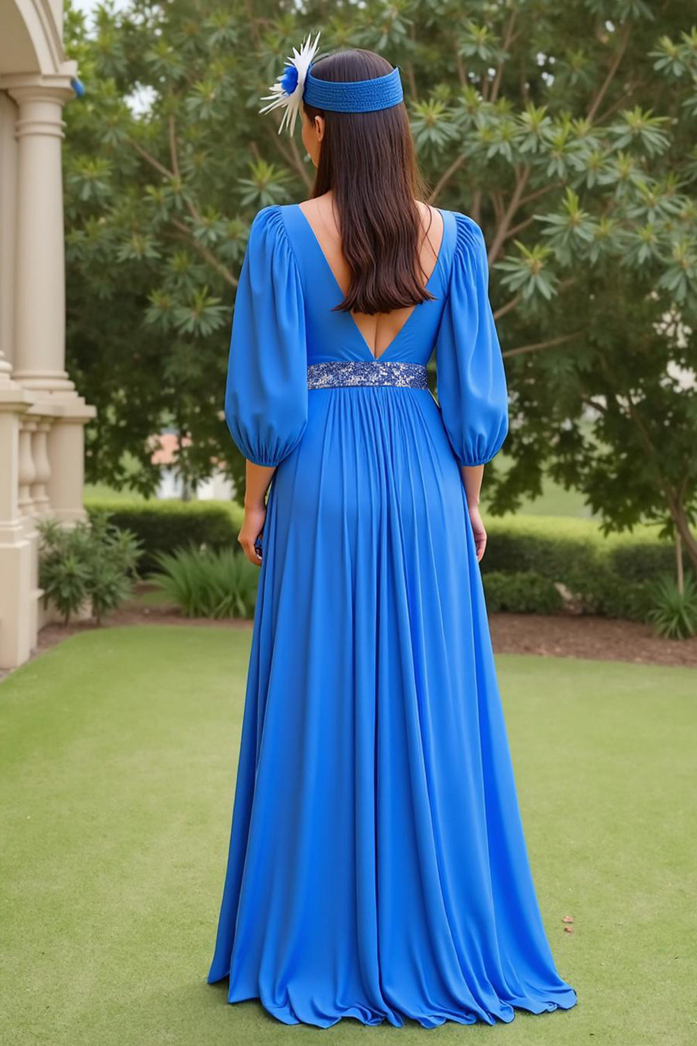 Blue A Line Chiffon V-Neck Long Mother of the Bride Dress with Sleeves