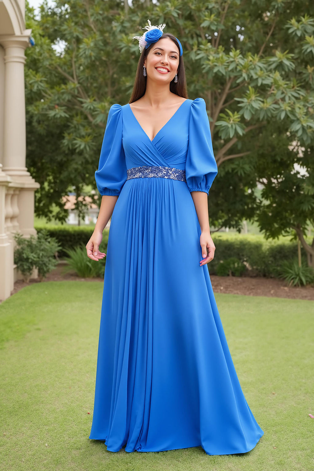 Blue A Line Chiffon V-Neck Long Mother of the Bride Dress with Sleeves