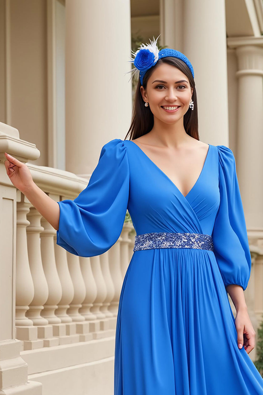 Blue A Line Chiffon V-Neck Long Mother of the Bride Dress with Sleeves