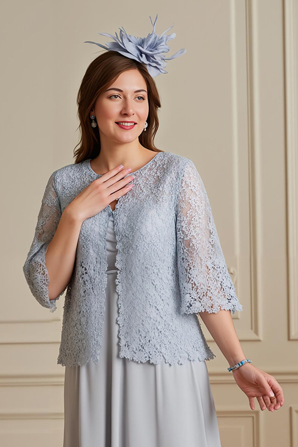 Silver A-Line Tiered Chiffon Lace Coat 2 Piece Mother of the Bride Dress