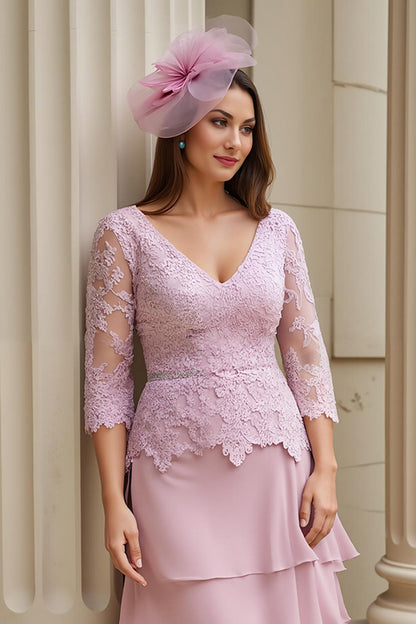 Blush A-Line V-Neck Tiered Chiffon Mother of the Bride Dress with Lace Appliques