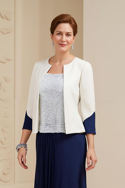 A-Line Navy Bateau Neck 3-Piece Mother of the Bride Dress with Lace