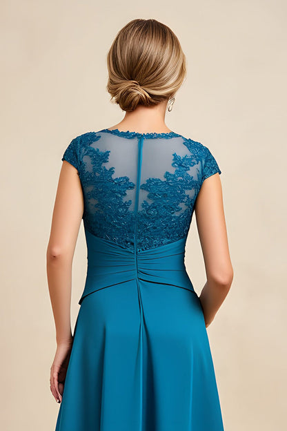 Peacock Blue A-Line Bateau Neck Ruched Mother of the Bride Dress with Lace Appliques