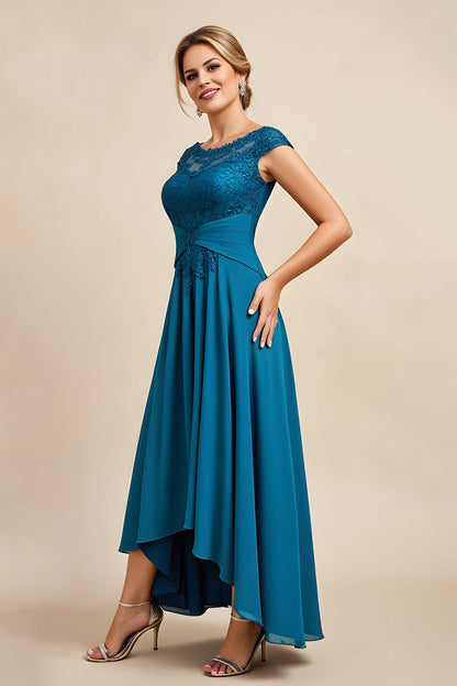 Peacock Blue A-Line Bateau Neck Ruched Mother of the Bride Dress with Lace Appliques