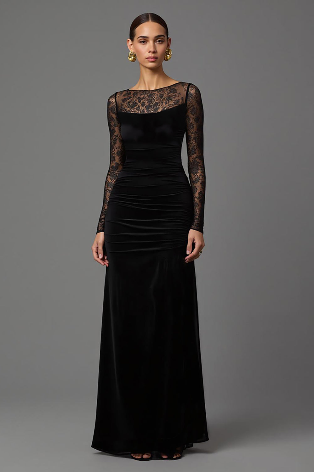 Black Velvet Sheath Illusion Neck Long Formal Dress with Sleeves