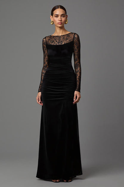 Black Velvet Sheath Illusion Neck Long Formal Dress with Sleeves