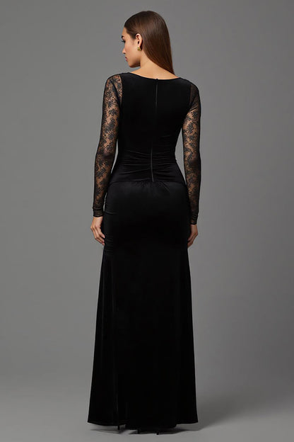 Black Velvet Sheath Illusion Neck Long Formal Dress with Sleeves