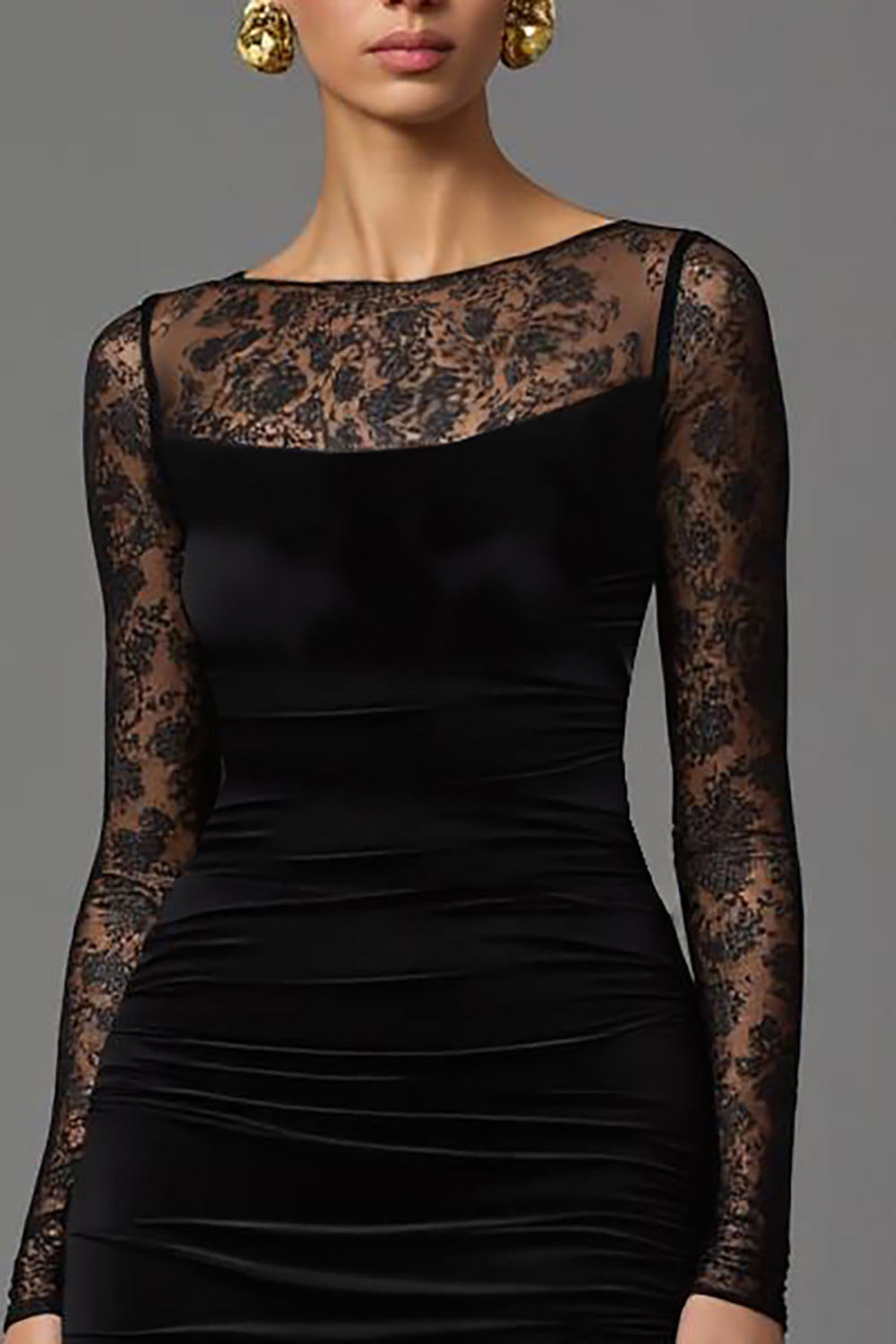 Black Velvet Sheath Illusion Neck Long Formal Dress with Sleeves