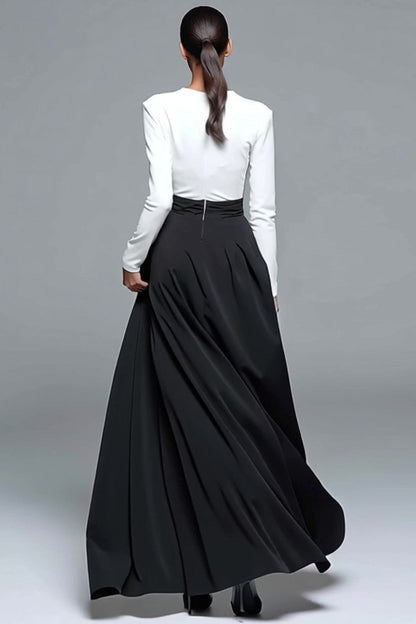 Black and White Patchwork Long Formal Dress with Pockets