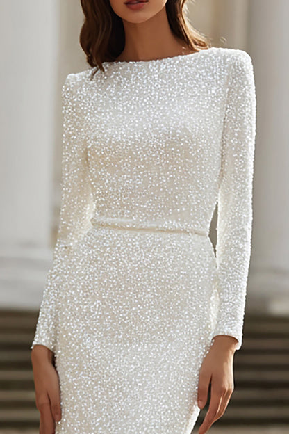 Sparkly Ivory Boat Neck Sheath Long Sleeve Wedding Dress