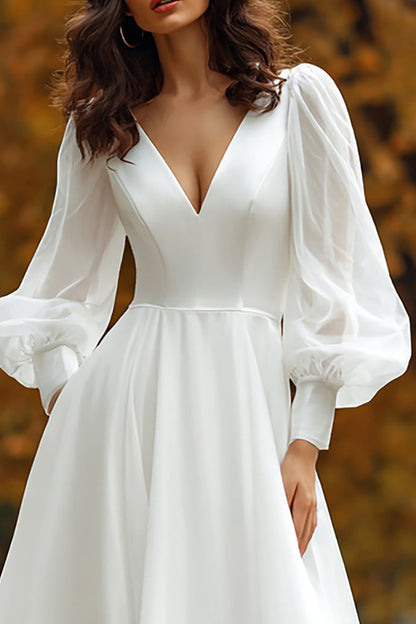 A Line Ivory V-Neck Long Sleeve Wedding Dress